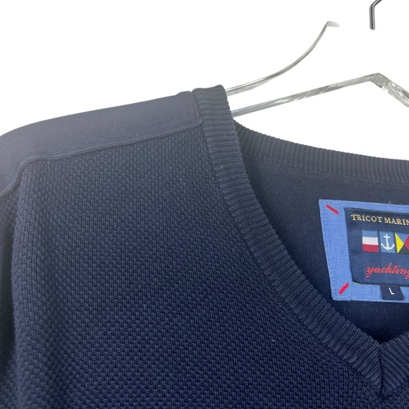 TRICOT MARINE Yachting Navy V-Neck Waffle Knit Long Sleeve Men's Large Shirt - Picture 2 of 11